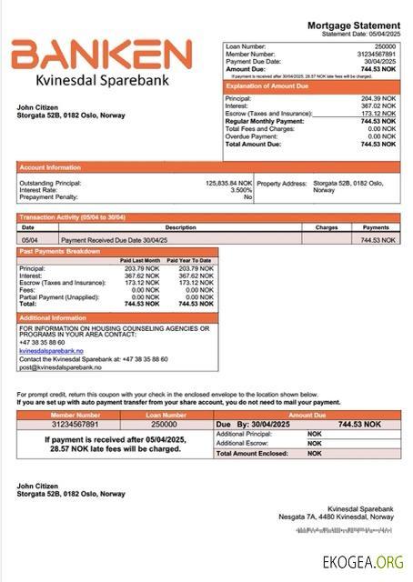 Norvège Kvinesdal Sparebank relevé hypothécaire Modèle Word et PDF